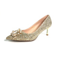 China GuangDong factory wholesale high quality customized middle gold metal heel glitter Bridal pump shoes for women